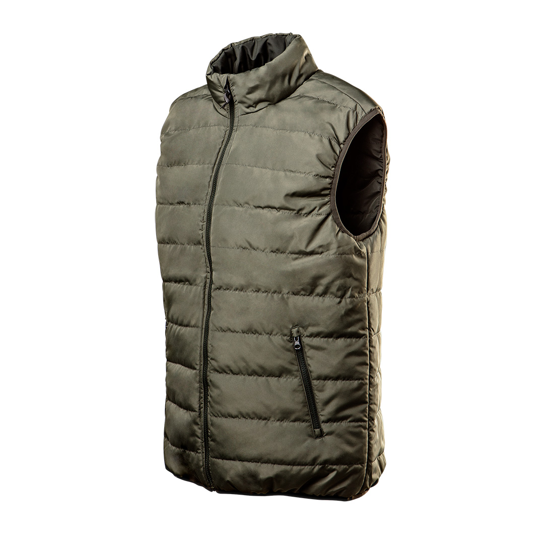 TOP-81-533-XXL--Bezrękawnik roboczy dwustronny CAMO, rozmiar XXL, pikowany, tkanina zewnętrzna 100% poliester 80 g/m2, wypełnienie syntetyczne 160 g/m2 (100% poliester), kieszenie zapinane na suwak na jaśniejszejj stronie, otwarte na ciemniejszej, powłoka wodoodporn