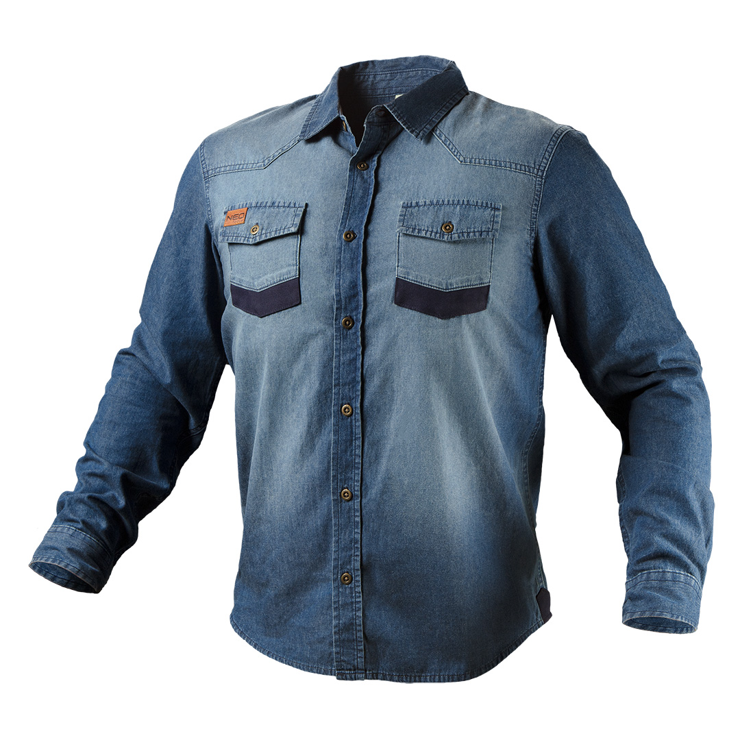 TOP-81-549-XL--Koszula robocza DENIM, rozmiar XL, 100% bawełny, 140 g/m2; wzmocnienia z Oxfordu na łokciach i kieszeniach, metalowe guziki, wewnętrzna wszywka imienna, unikalny projekt własny, certyfikat CE, zgodność z normą EN ISO 13688:2013