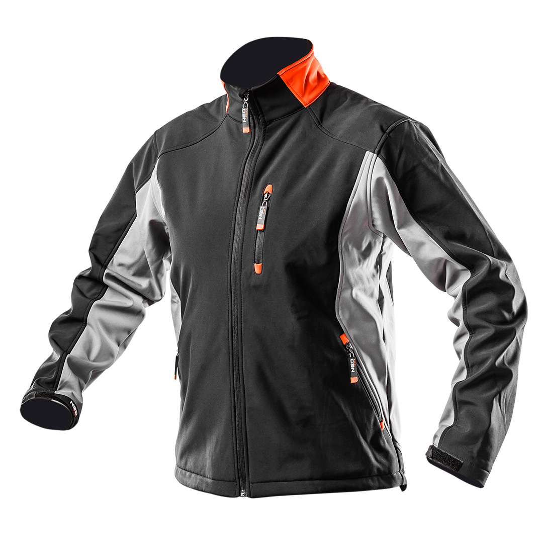 TOP-81-550-XL--Kurtka robocza, rozmiar XL/56, wykonana z wysokiej jakości tkaniny softshell, wodoodporność 5000 mm, oddychalność 3000 g/m2/24h, wiatrochronna, mankiet na kciuk, polarowa strona wewnętrzna, kieszeń na telefon, ściągacz w dolnym szwie, certyfikat CE