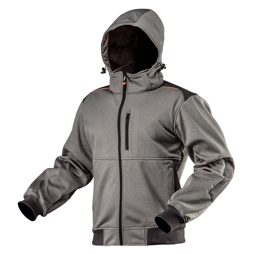 TOP-81-551-S--Kurtka robocza softshell, odpinany kaptur, rozmiar S, wodoodporność 8000 mm, oddychalność 3000 g/m2/24h, wiatrochronna, polarowa strona wewnętrzna, kieszeń na telefon, elastyczny ściągacz w rękawach i w pasie, wzmocnienia na barkach i łokciach, eleme