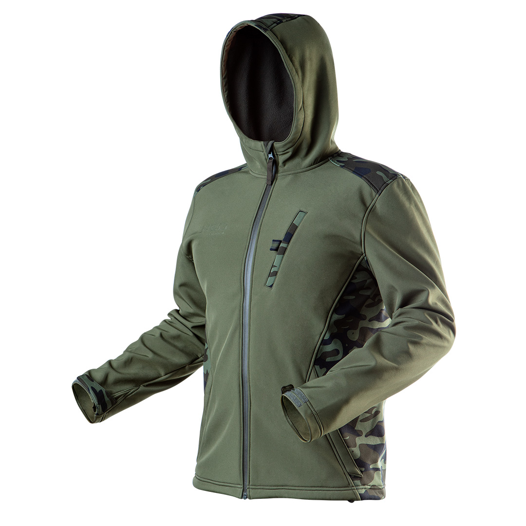 TOP-81-553-M--Kurtka softshell CAMO, rozmiar M, wykonana z wysokiej jakości tkaniny softshell, z kapturem, wodoodporność 5000 mm, oddychalność 3000 g/m2/24h, wiatrochronna, wodoodporne suwaki, polarowa strona wewnętrzna, ściągacz w dolnym szwie, 3 kieszenie (w tym