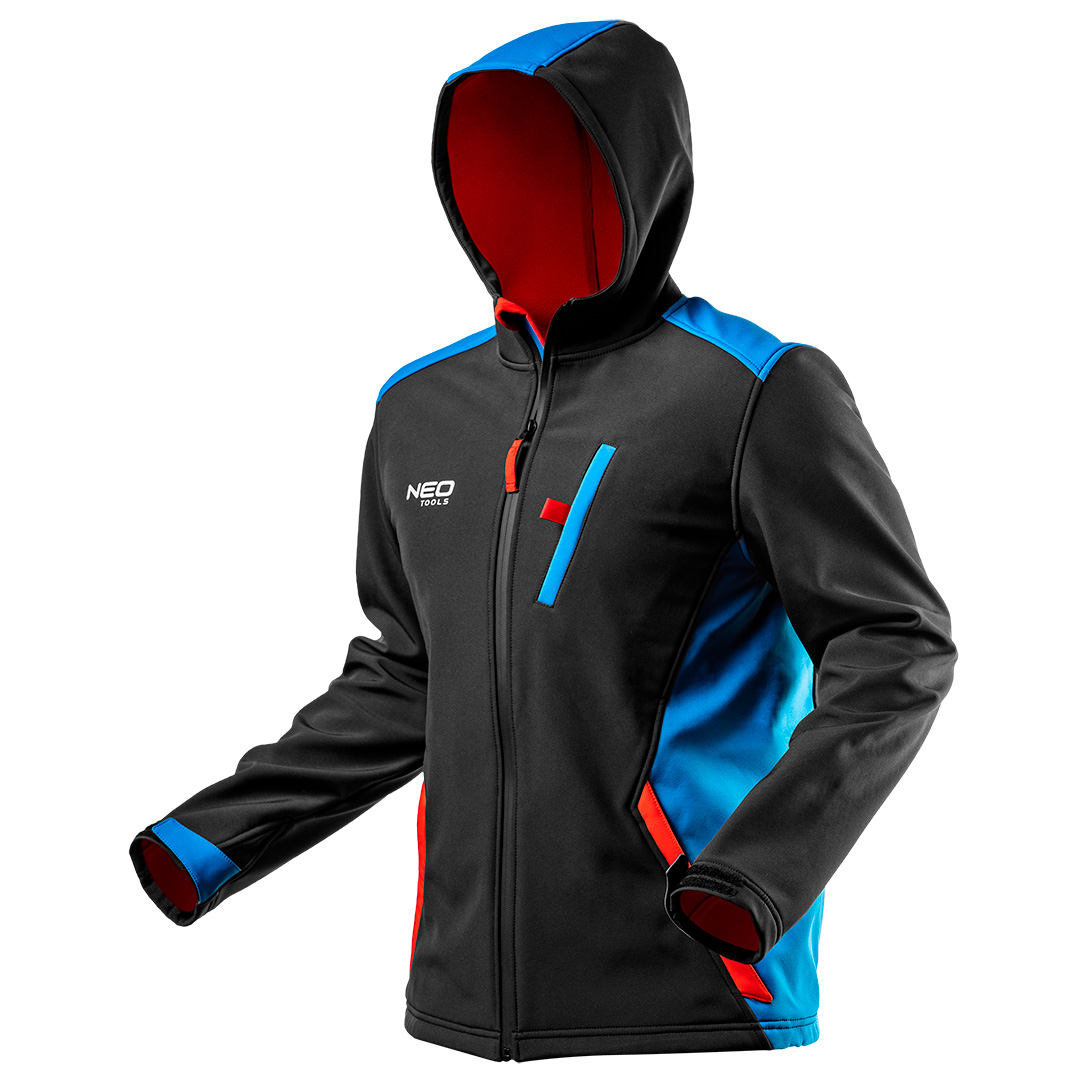 TOP-81-558-M--Kurtka softshell HD+, rozmiar M, wykonana z wysokiej jakości tkaniny softshell, z kapturem, wodoodporność 5000 mm, oddychalność 3000 g/m2/24h, wiatrochronna, wodoodporne suwaki, polarowa strona wewnętrzna, ściągacz w dolnym szwie, 3 kieszenie (w tym 