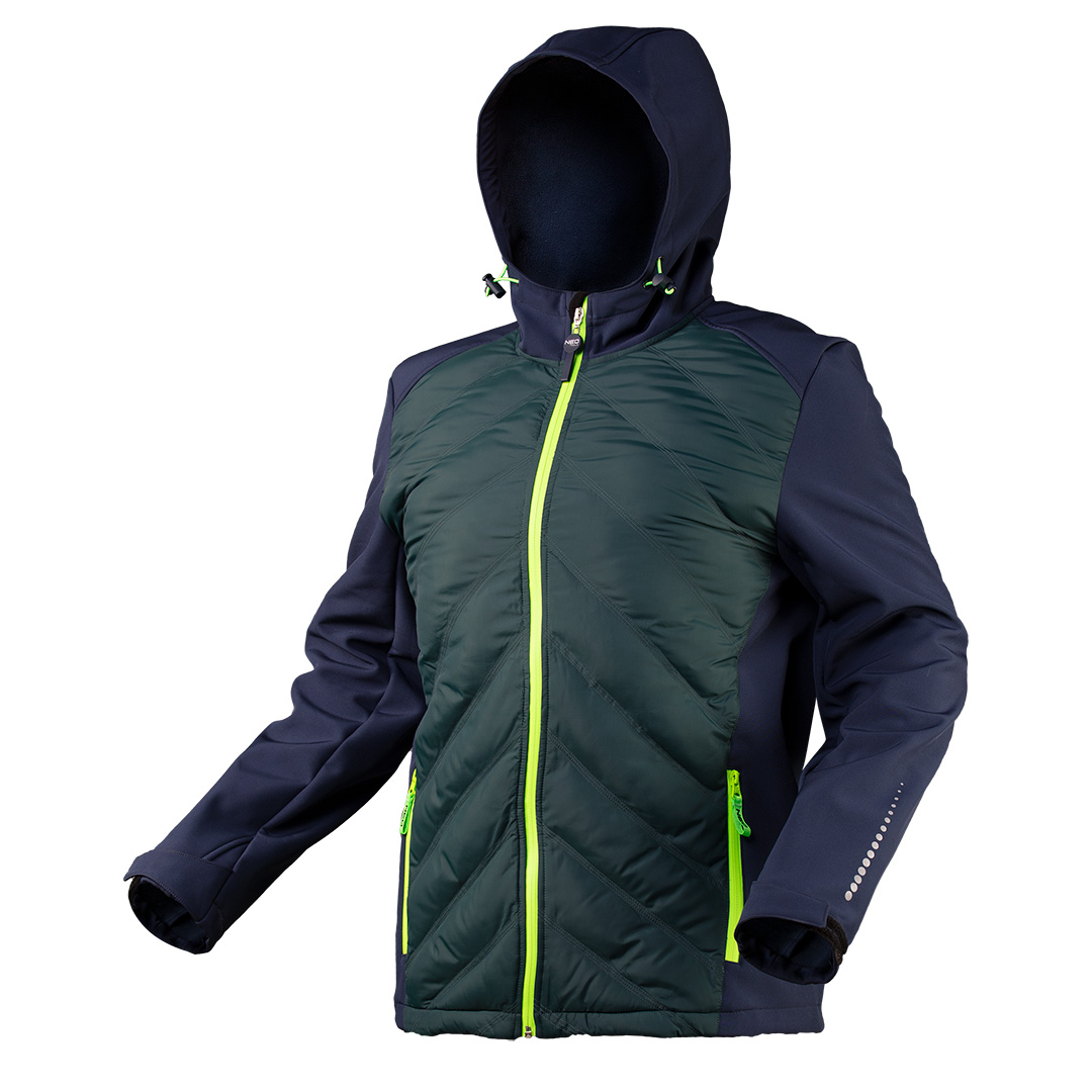 TOP-81-559-XXXL--Kurtka softshell z ocieplaczem PREMIUM, materiał główny poliester 100%, warstwa wewnętrzna polar 100% poliester, membrana wodoodporność 5000, oddychalność 3000, unikalne połączenie softshella z pikowanym ocieplaczem, kaptur z regulacją obwodu, wysoka