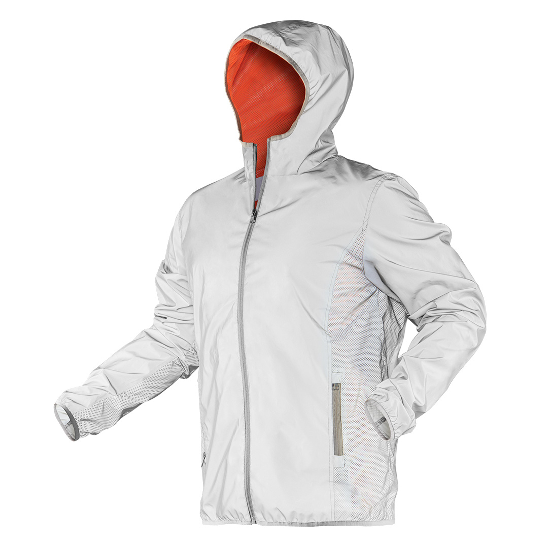 TOP-81-561-L--Wiatrówka REFLECTIVE, odblaskowy materiał, skład 100% poliester, produkt wykonany w całości z tkaniny odblaskowej, podszewka z siatki, laserowe cięcia po bokach kurtki jako wentylacja, z kapturem, rękawy wykończone elastyczną lamówką, kieszenie zapia