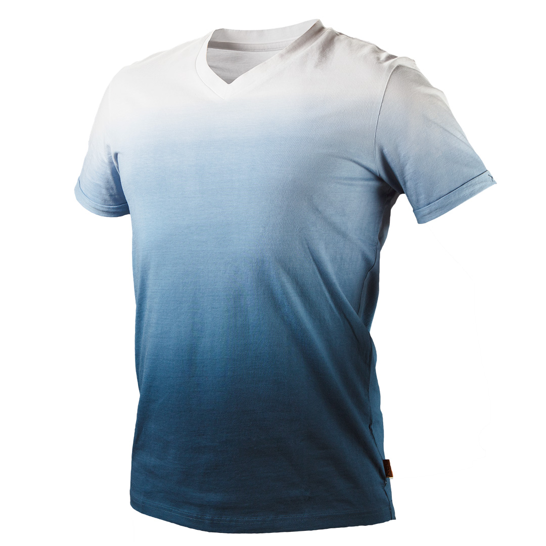 TOP-81-602-L--T-shirt cieniowany DENIM, rozmiar L, 100% bawełny, 180 g/m2, wybarwienie od granatowego do białego, podwinięte rękawy, dekolt w płytki serek, wewnętrzna wszywka imienna, uniklany projekt własny, certyfikat CE, zgodność z normą EN ISO 13688:2013