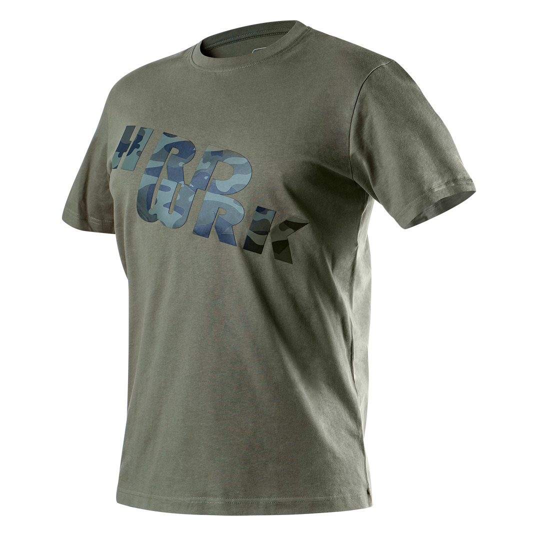 TOP-81-612-S--T-shirt roboczy CAMO, oliwkowy z nadrukiem, rozmiar S, 100% bawełna, 180g/m2, nadruk "HRD WRK" z wzorem moro, certyfikat CE
