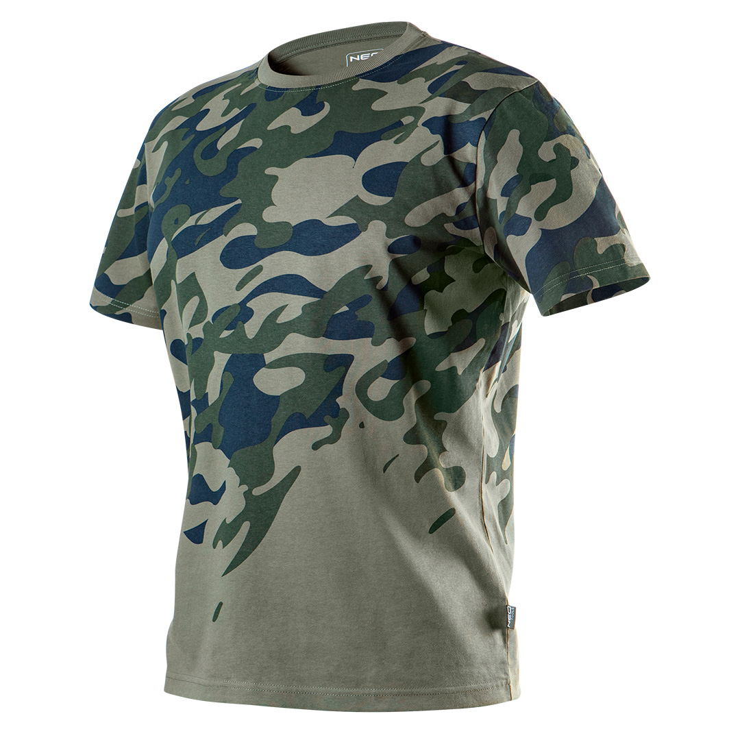 TOP-81-613-L--T-shirt roboczy oliwkowy CAMO, rozmiar L, 100% bawełna, 180g/m2, unikalny asymetryczny nadruk moro, certyfikat CE