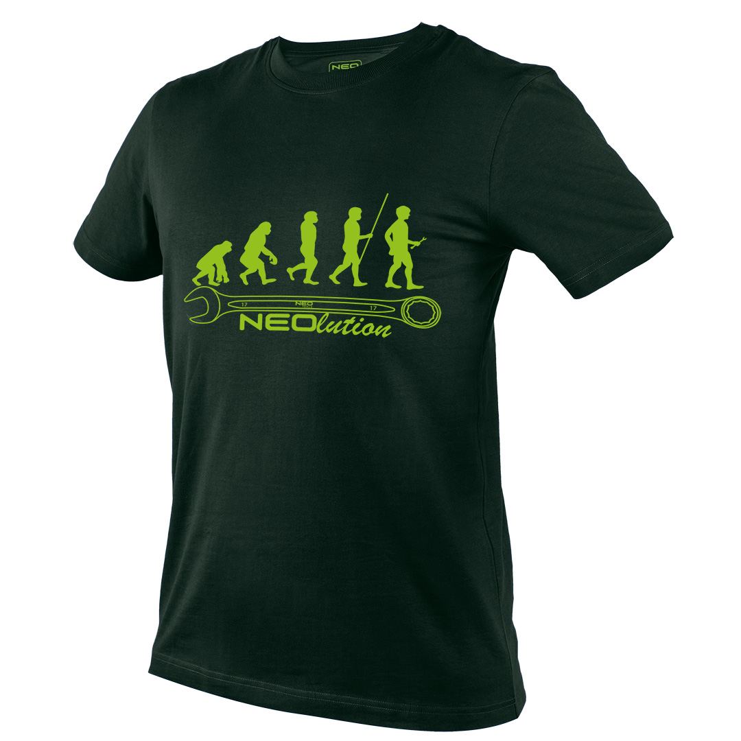 TOP-81-640-XXXL--T-shirt roboczy z grafiką NEOlution, kolor butelkowa zieleń, neonowo zielony nadruk na przodzie, krótki rękaw, 100% bawełna, gramatura 180g/m2, nadruk:  uproszczony rysunek ewolucji człowieka od australopiteka do człowieka używającego narzędzi neo, k