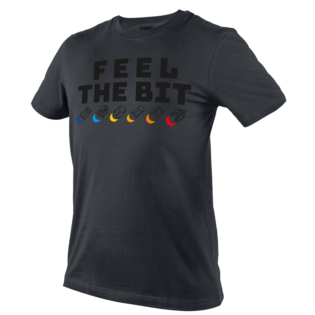 TOP-81-641-XL--T-shirt roboczy z grafiką Feel The Bit, w szarym kolorze, duży nadruk na przodzie, krótki rękaw, 100% bawełna, gramatura 180g/m2, nadruk: czarny napis FEEL THE BIT, rysunki bitów NEO, bity z akcentem w różnych kontrastowych  kolorach, na karku logo N