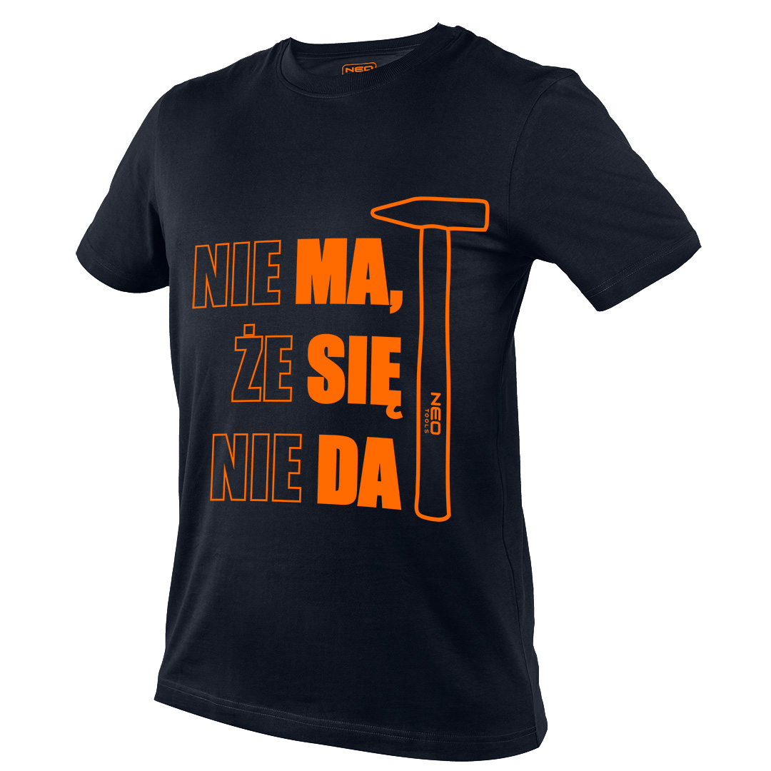 TOP-81-642-XXL--T-shirt roboczy z grafiką NIE MA ŻE SIĘ NIE DA,  w ciemnogranatowym kolorze, duży neonowo pomarańczowy nadruk na przodzie, krótki rękaw, 100% bawełna, gramatura 180g/m2, nadruk: neonowo pomarańczowy napis "NIE MA, ŻE SIĘ NIE DA", słowa &quo