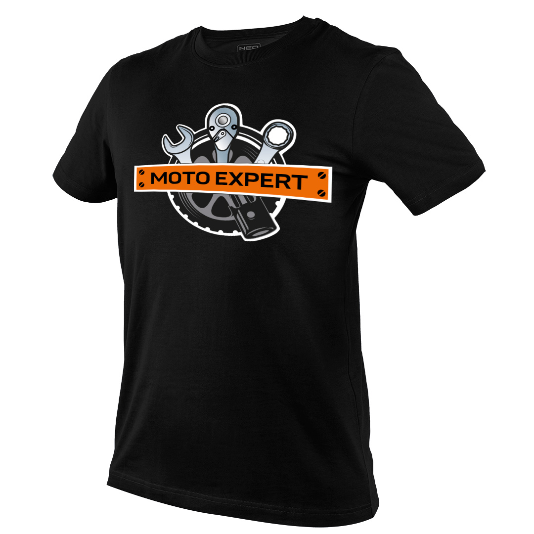 TOP-81-643-XXXL--T-shirt roboczy z grafiką MOTO Expert,  w czarnym kolorze, nadruk na przodzie, 100% bawełna, gramatura 180g/m2, nadruk: klucze NEO, koło oraz tłok w skali szarości, z przodu grafika tabliczki na pomarańczowym tle z napisem "MOTO Expert", un