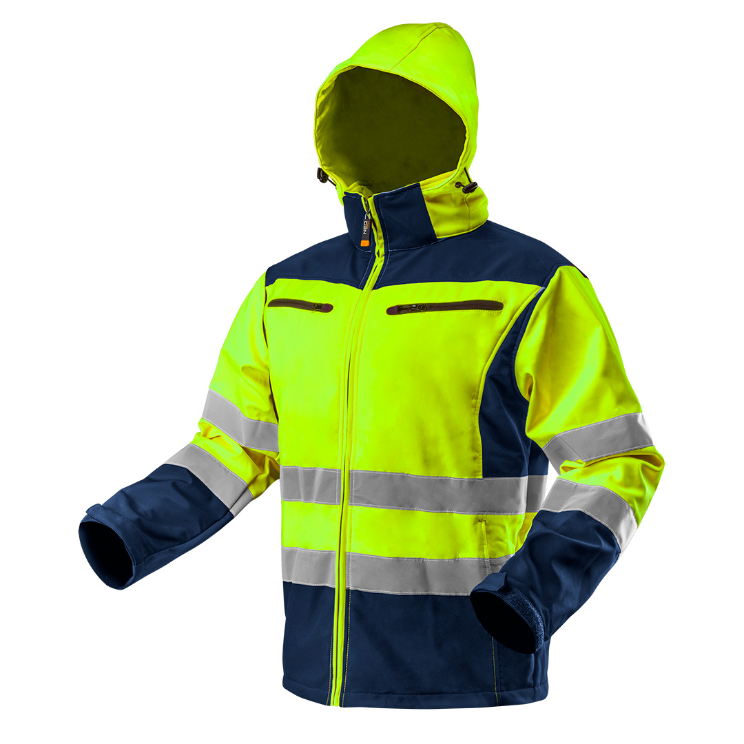 TOP-81-700-M--Kurtka robocza ostrzegawcza softshell z kapturem, żółta, rozmiar M, o intensywnej widzialności, klasa 2 wg. normy EN ISO 20471, wodoodporność 8000 mm, oddychalność 3000 g/m2/24h, wiatrochronna, wewnętrzna strona polarowa, 4 kieszenie zapiane na suwak