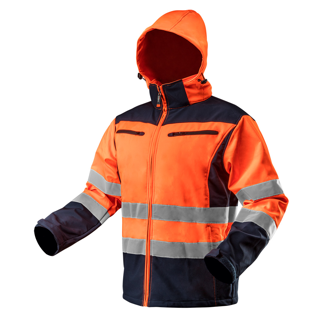 TOP-81-701-XXXL--Kurtka robocza ostrzegawcza softshell z kapturem, pomarańczowa, rozmiar XXXL, o intensywnej widzialności, klasa 2 wg. normy EN ISO 20471, wodoodporność 8000 mm, oddychalność 3000 g/m2/24h, wiatrochronna, wewnętrzna strona polarowa, 4 kieszenie zapian