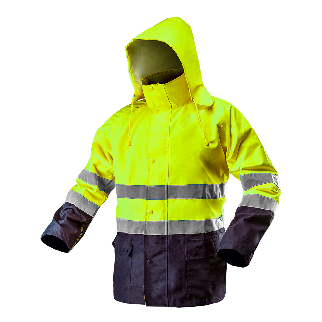 TOP-81-720-XL--Kurtka robocza ostrzegawcza wodoodporna, żółta, rozmiar XL,  o intensywnej widzialności, klasa 2 wg. normy EN ISO 20471, tkanina Oxford 300D, wodo i wiatrochronna, kieszenie zapinane, klejone szwy, chowany w kołnierzu kaptur, ściągacz w rękawach, cer