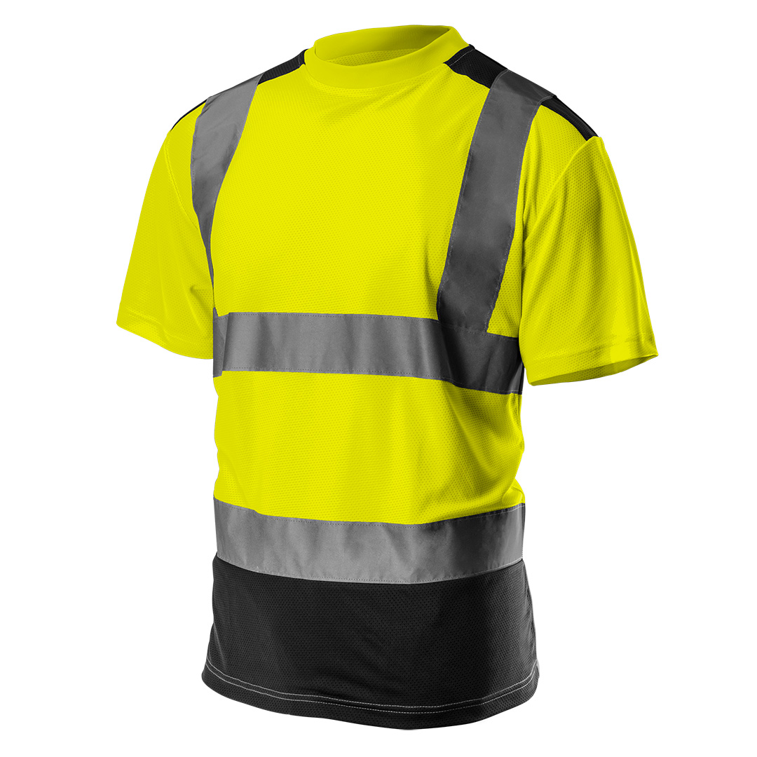 TOP-81-730-XXL--T-shirt ostrzegawczy, ciemny dół, żółty, rozmiar XXL, o intensywnej widzialności, klasa 2 wg normy EN ISO 20471, 100% poliester, 150 g/m2, siatkowa struktura, lekki i przewiewny, ciemne wstawki w miejscach narażonych na ubrudzenie, certyfikat CE, EN 