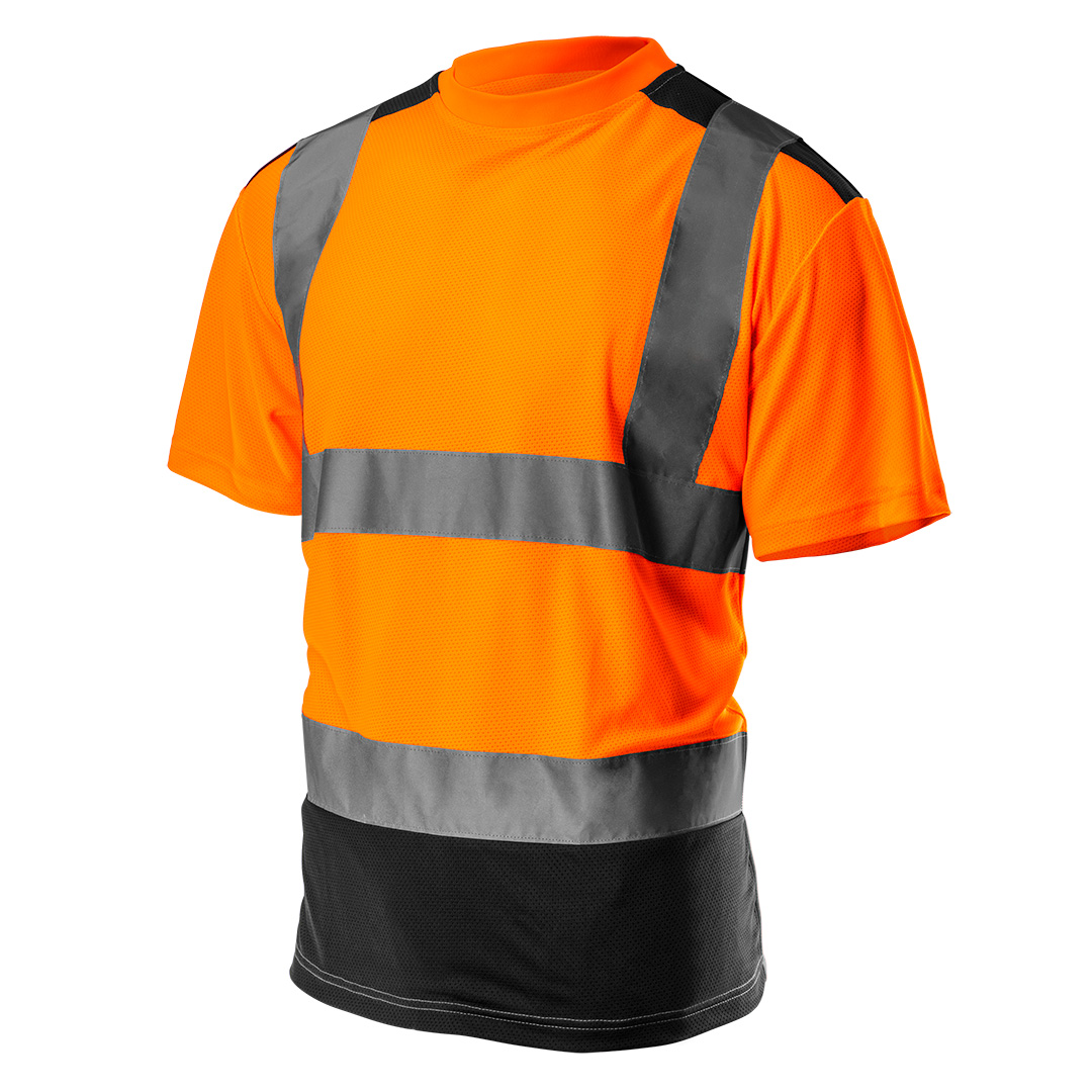TOP-81-731-L--T-shirt ostrzegawczy, ciemny dół, pomarańczowy, rozmiar L, o intensywnej widzialności, klasa 2 wg normy EN ISO 20471, 100% poliester, 150 g/m2, siatkowa struktura, lekki i przewiewny, ciemne wstawki w miejscach narażonych na ubrudzenie, certyfikat CE