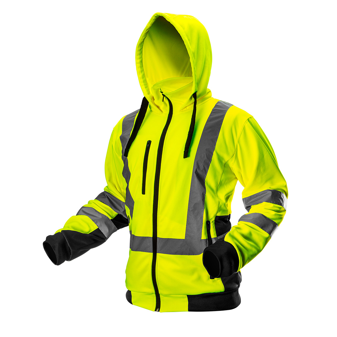 TOP-81-745-S--Bluza robocza ostrzegawcza, żółta, rozmiar S, o intensywnej widzialności, klasa 3 wg normy EN ISO 20471, 100% poliester, 240 g/m2, wewnętrzna strona polarowa, dwuwarstwowy kaptur i kołnierz, rękawy i pas ze ściągaczem, 3 kieszenie zapinane na suwak, 