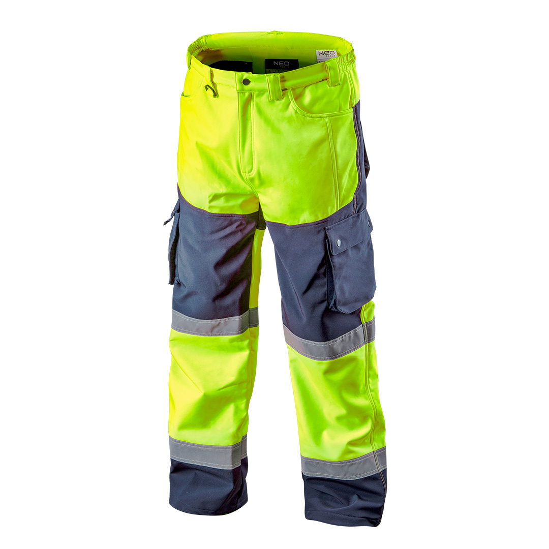 TOP-81-750-M--Spodnie robocze ostrzegawcze softshell, żółte, rozmiar M, o intensywnej widzialności, klasa 1 wg. normy EN ISO 20471, wodoodporność 8000mm, oddychający materiał, guma w pasie, duża ilość kieszeni, regulowany ściągacz na nogawkach, certyfikat CE, EN I