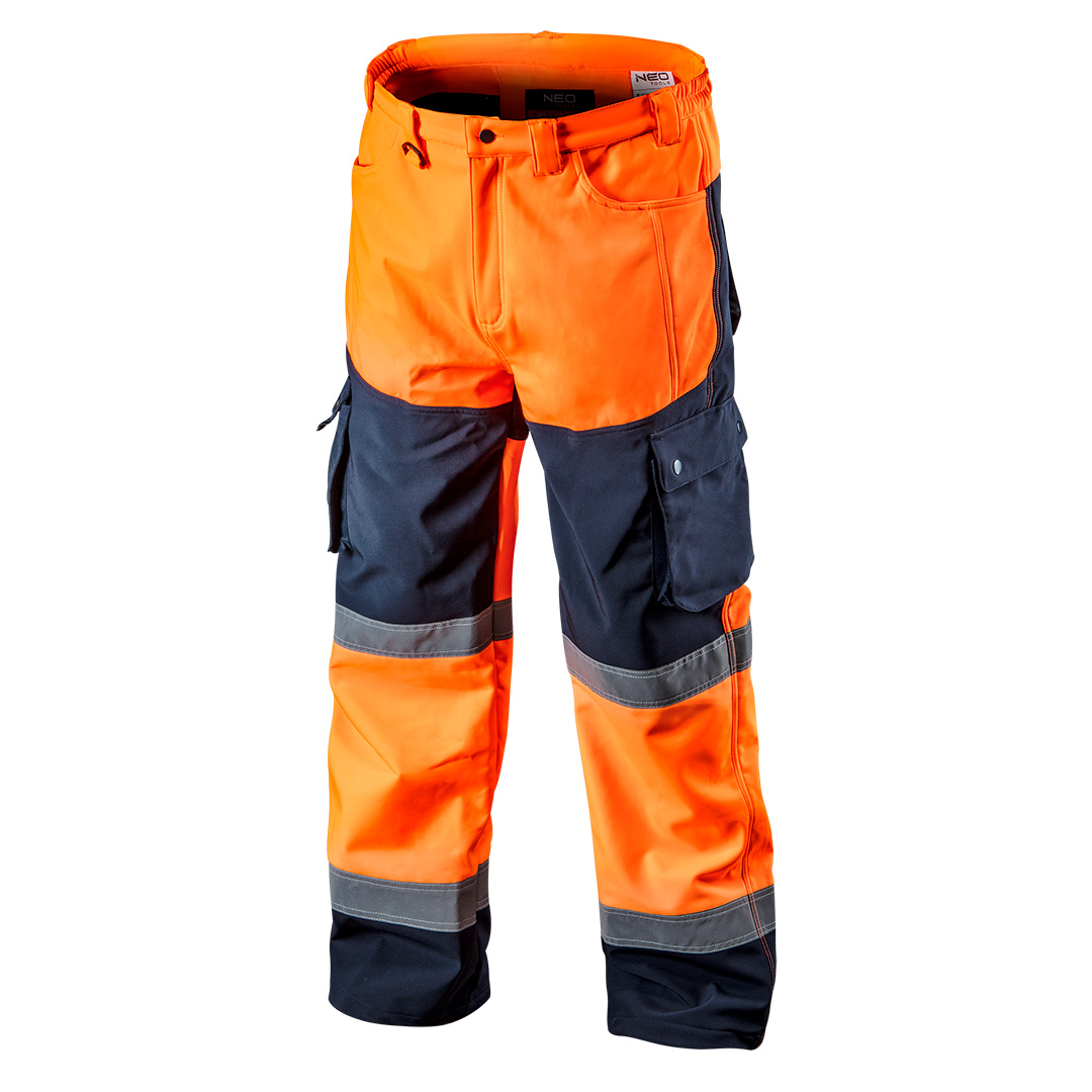 TOP-81-751-XXL--Spodnie robocze ostrzegawcze softshell, pomarańczowe, rozmiar XXL, o intensywnej widzialności, klasa 1 wg. normy EN ISO 20471, wodoodporność 8000mm, oddychający materiał, guma w pasie, duża ilość kieszeni, regulowany ściągacz na nogawkach, certyfikat