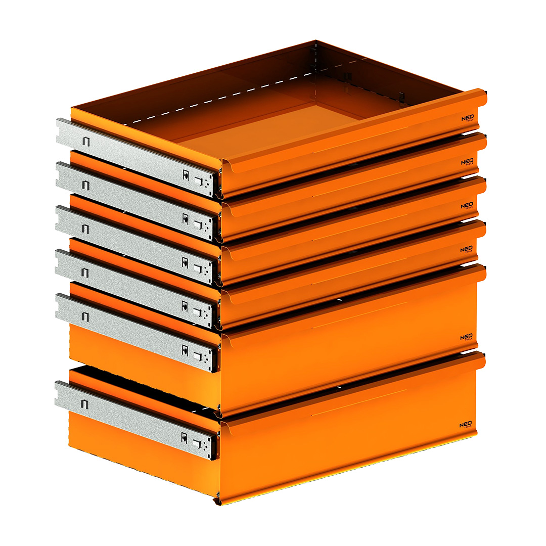 TOP-84-099--Szuflady zestaw 6 sztuk w opakowaniu, składana konstrukcja, do złożenia przez użytkownika, łożyskowane prowadnice w zestawie, do korpusu 84-080, materiał stal, malowane proszkowo, wkładki piankowe do szuflad w zestawie, wyposażone w blokady otwierani