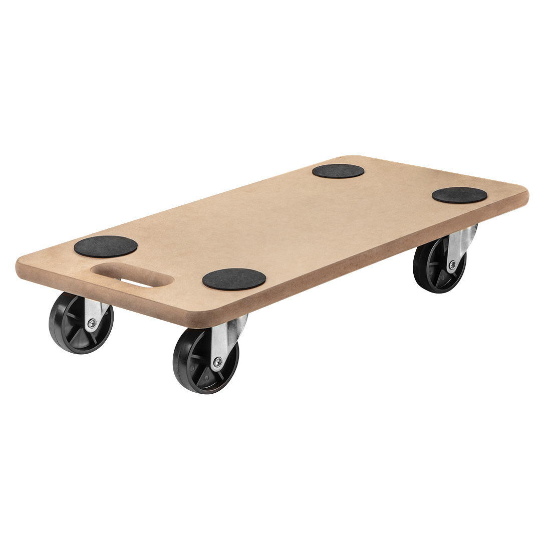 TOP-84-141--Platforma transportowa udźwig 200kg, materiał MDF, wymiary 575 x 290 x 11 mm, 4 podkładki piankowe, 4 obrotowe koła PP, uchwyt do transportowania