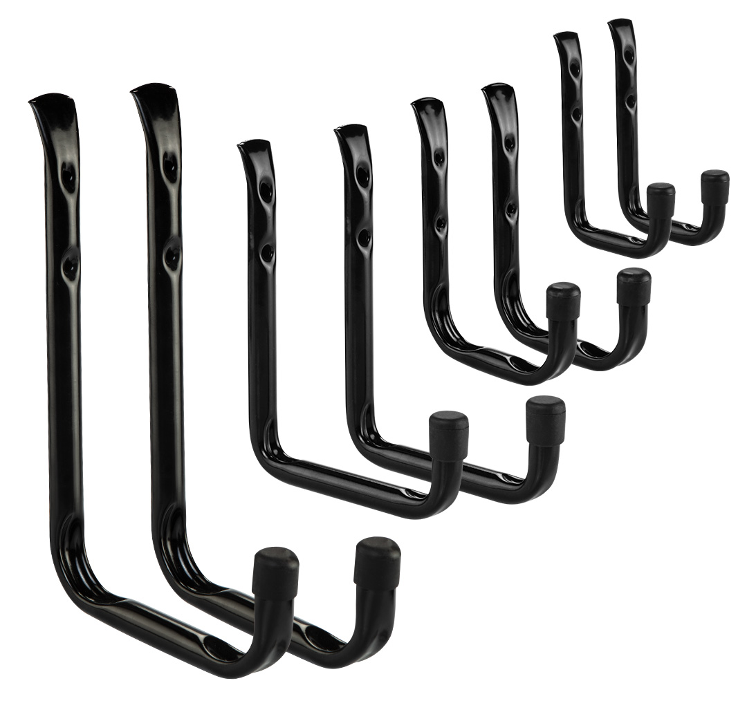 TOP-84-142--Haki garażowe, zestaw 8 szt. materiał aluminium, grubość 1mm, 2 sztuki rozmiar 123x82x12mm udźwig 25kg, 2 sztuk rozmiar 145x115x12mm udźwig 20kg, 2 sztuki 190x150x19mm udźwig 16kg, 2 sztuki 290x200x19mm udźwig 16kg, kołki rozporowe w zestawie