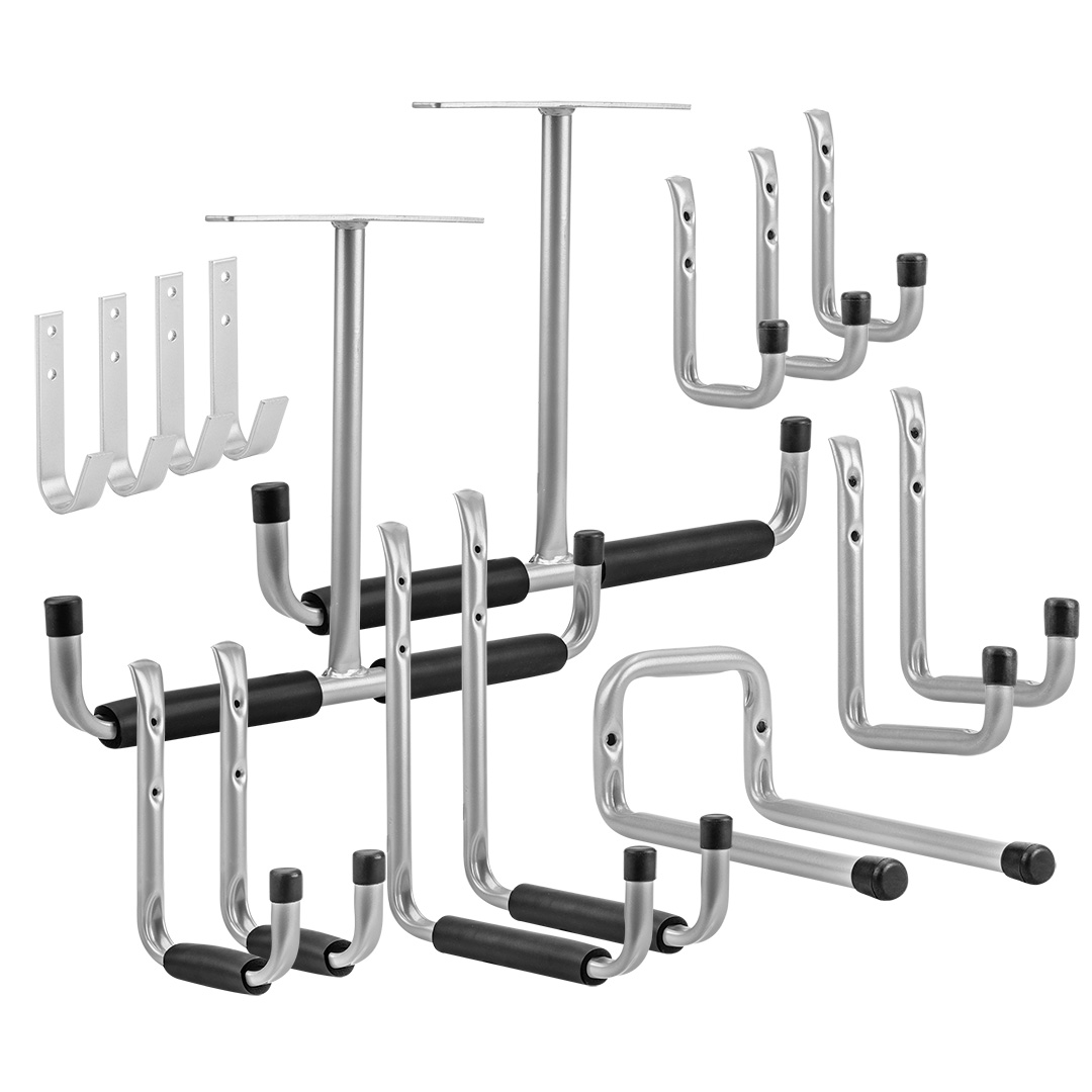 TOP-84-143--Haki garażowe, zestaw 16 szt., materiał aluminium, grubość 1mm, 2 sztuki rozmiar 43.5x29.0 cm udźwig 40kg, 4 sztuki 25×30cm udźwig 13kg, 2 sztuki 12×8cm udźwig 20kg, 2 sztuki 15×22cm udźwig 24kg, 2 sztuki 11.5x14.5cm udźwig 20kg, 3 sztuki 4x9cm udźwi