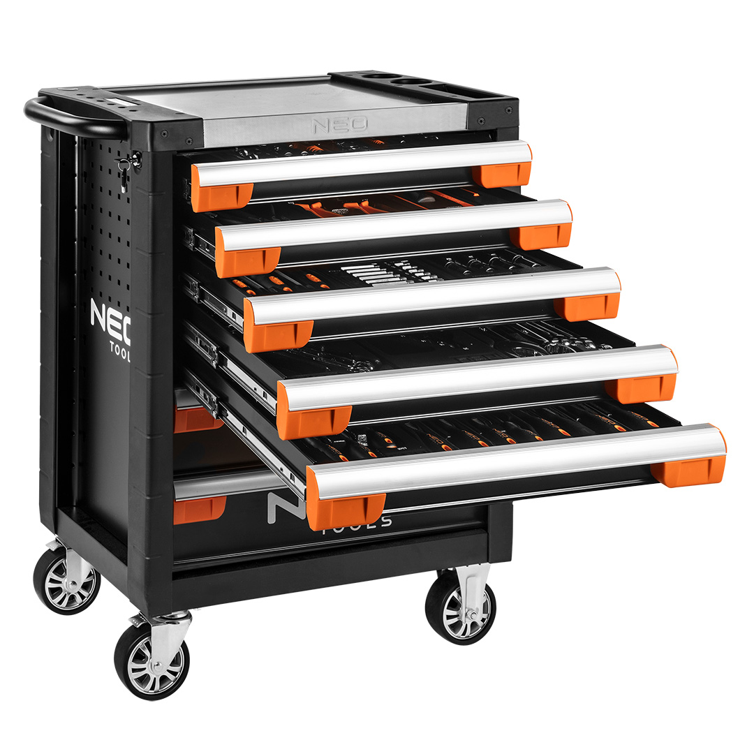 TOP-84-220+G--Szafka narzędziowa 7 szuflad, wymiar 775 x 465 x 978 mm, stalowy korpus, udźwig 300kg, aluminiowy blat z miejscami na wkrętaki i akcesoria, perforacja boczna na haki Neo, uchwyt, naklejki na informacje na czoła szuflad, blokada szuflad, szuflady 100%