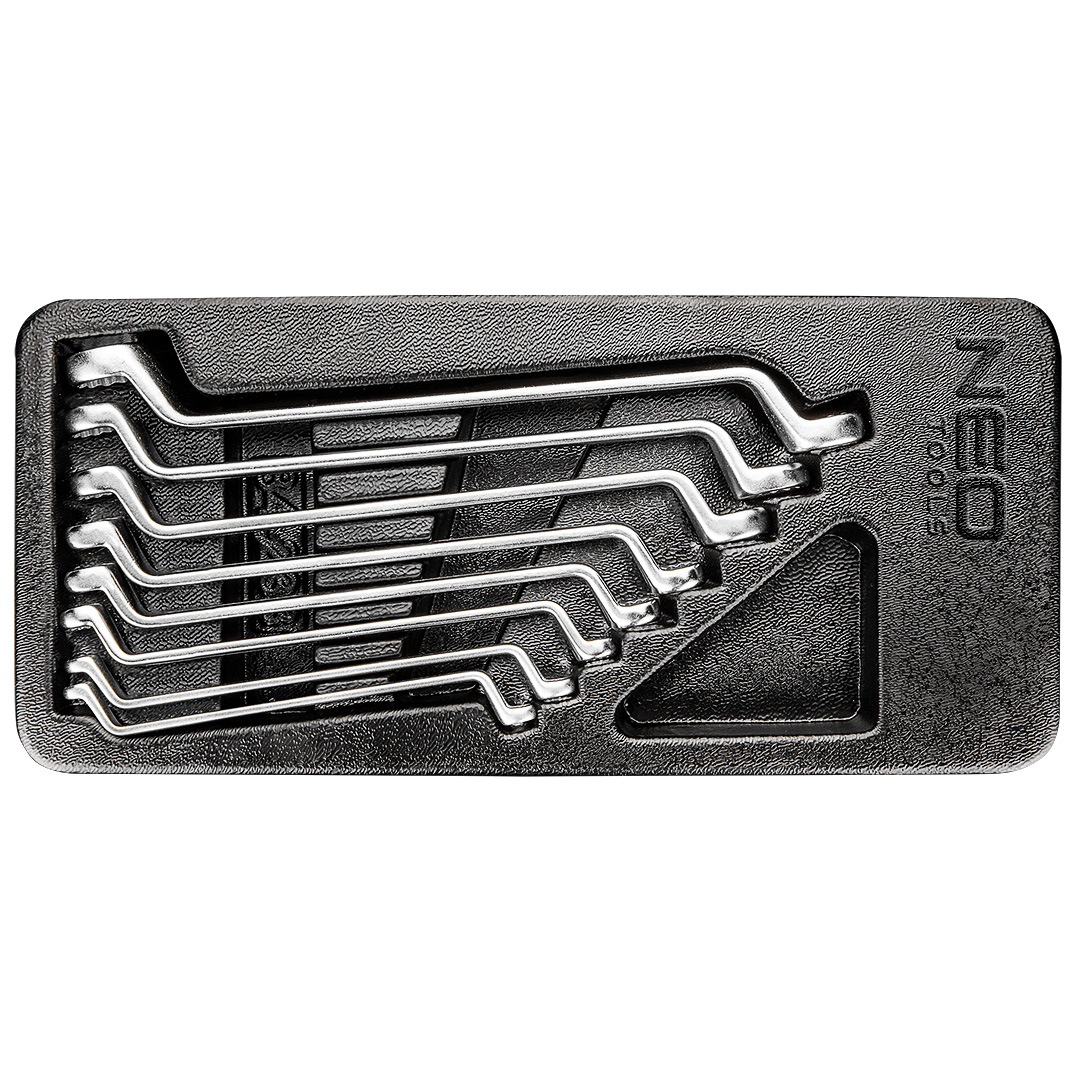TOP-84-233--Zestaw kluczy oczkowych odgiętych NEO (nr ref. 84-233) DIN 838, stal CrV, rozmiary 6x7mm, 8x9mm, 10x11mm, 12x13mm, 14x15mm, 16x17mm, 18x19mm, 20x22mm, wkład profilowany