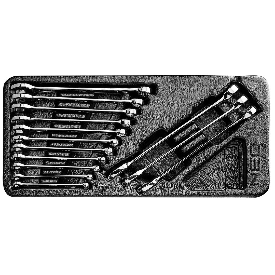 TOP-84-234--Zestaw kluczy płasko-oczkowych NEO (nr ref. 84-234) DIN 3113, stal CrV, rozmiary: 6, 7, 8, 9, 10, 11, 12, 13, 14, 15, 16, 17, 18, 19 mm, wkład profilowany