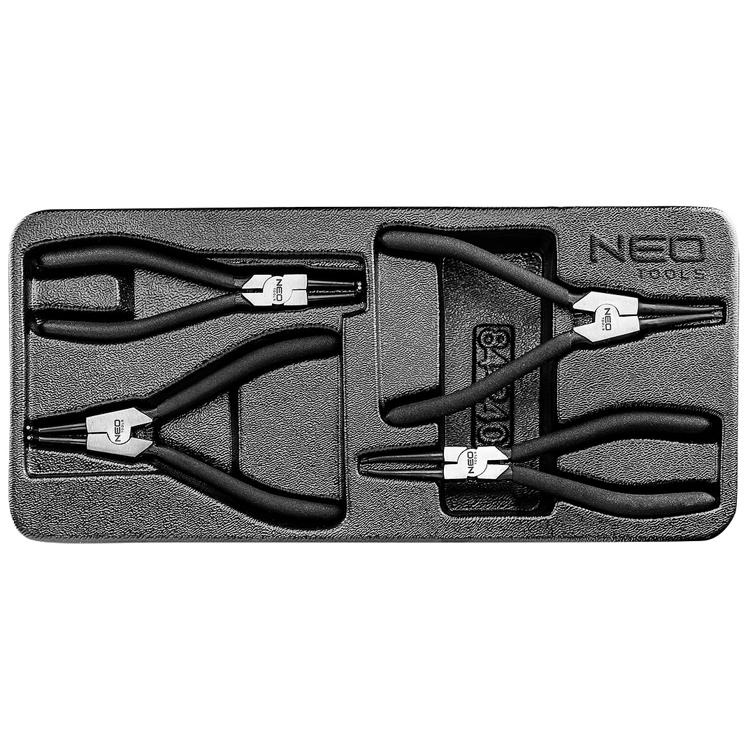 TOP-84-240--Szczypce do pierścieni osadczych, zestaw 4 szt., (nr ref. 84-240) do pierścieni 19-60 mm, średnica końcówki 1.8 mm, proste zewnętrzne i wewnętrzne, odgięte zewnętrzne i wewnętrzne, stal CrV, wkład profilowany do szafek NEO