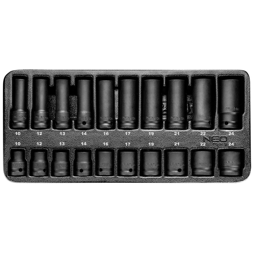 TOP-84-241--Nasadki udarowe sześciokątne, 1/2, zestaw 20 szt., (nr ref. 84-241) rozmiary: długość 38mm - 10, 12, 13, 14, 16, 17, 19, 21, 22, 24 mm, długość 78mm - 10, 12, 13, 14, 16, 17, 19, 21, 22, 24 mm, stal CrMo