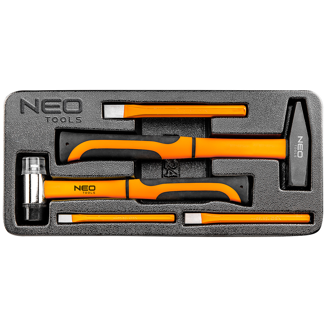 TOP-84-242--Młotki i wybijaki, zestaw 5 szt. NEO (nr ref. 84-242) młotek ślusarski 300g, uchwyt włókno szklane, młotek blacharski 30mm, uchwyt włókno szklane, wybijaki stal CrV rozmiary: 10, 13, 16mm