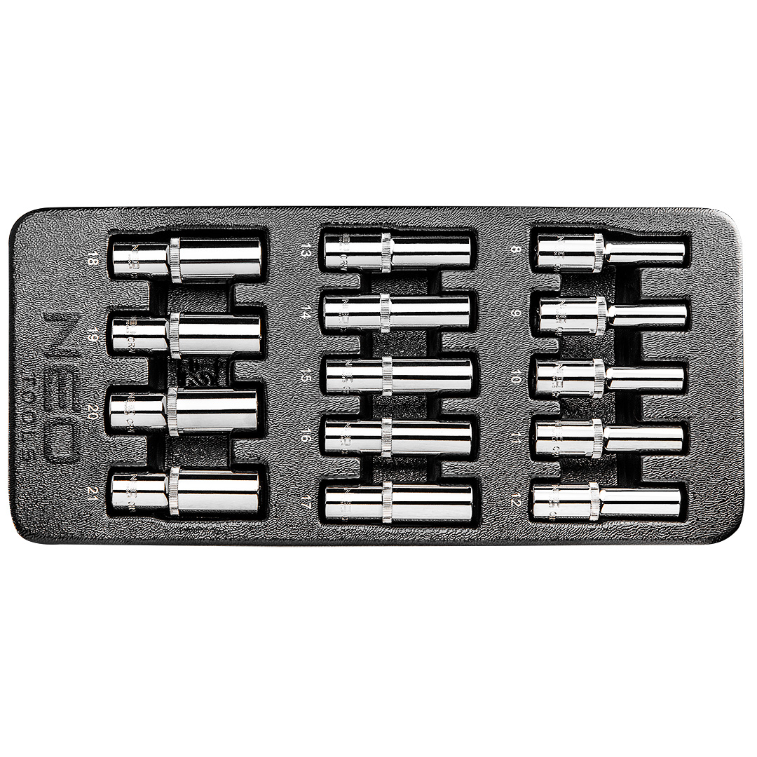 TOP-84-243--Nasadki długie 1/2", 8-21 mm, zestaw 14 szt. NEO (nr ref. 84-243) stal CrV, 25 lat gwarancji, rozmiary: 8, 9, 10, 11, 12, 13, 14, 15, 16, 17, 18, 19, 20, 21 mm