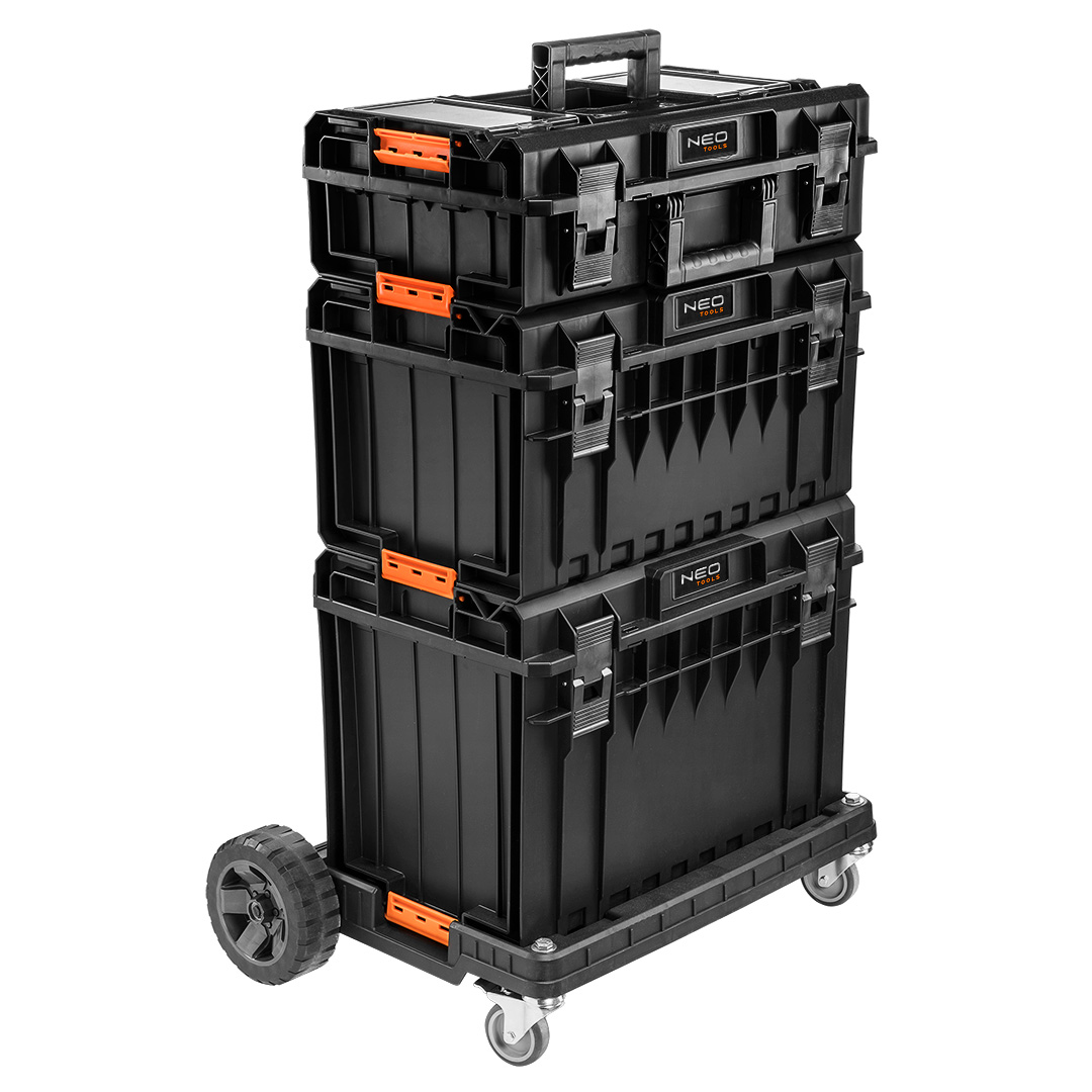 TOP-84-259--System modułowy, set (nr ref. 84-259) trzy moduły plus platforma z kołami, organizery w pokrywie najmniejszego modułu, regulowane przegrody z pasami, solidne zapięcia, mocny uchwyt, uszczelki w pokrywach, odporność na pył i wodę, modularna konstrukcj
