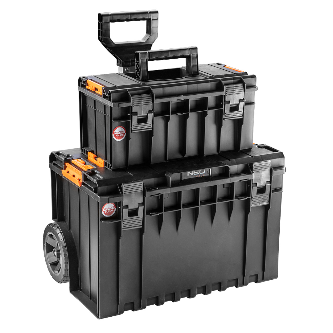 TOP-84-276--System NEO (nr ref. 84-276) korpus polipropylenowy, zapięcia i konektory poliamidowe, wysuwany uchwyt, koła, przegrody, tacka, rozmiar zewnętrzny: 585x460x989mm,