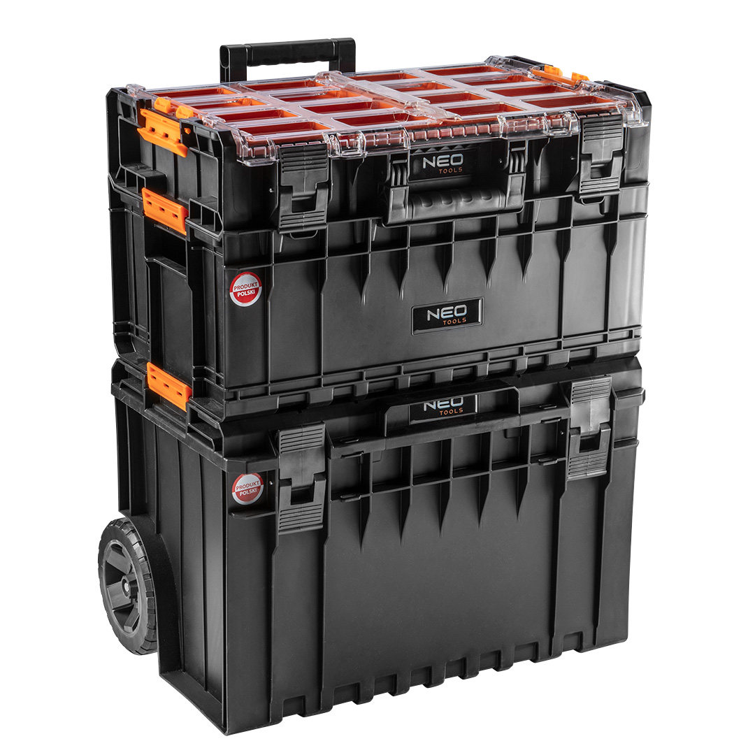 TOP-84-278--System NEO set nr 2 (nr ref. 84-278) korpus polipropylen, pokrywa organizera poliwęglan, zapięcia i konektory poliamidowe, 4 pojemniki duże i osiem średnich w organizerze, wysuwany uchwyt, koła, przegrody, rozmiar zewnętrzny: 585x460x1133mm,