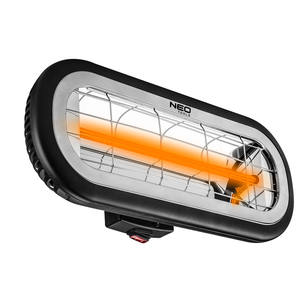 TOP-90-032--Promiennik moc 2000W, IP65, element grzejny low glare amber lamp, obszar grzania 24 mkw, czas świecenia 6000 h, małe wymiary, wąska obudowa, zajmuje mało miejsca, do montażu na ścianie lub na statywie, kabel 1,8 m, do użytku wewnątrz i na zewnątrz.