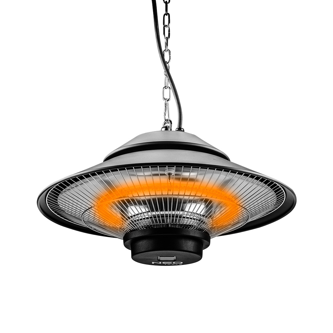 TOP-90-034--Promiennik wiszący 1500W, IP44, element grzejny halogen lamp, obszar grzania 9 mkw, lampa na 5000 h, pilot, do użytku wewnątrz i na zewnątrz.