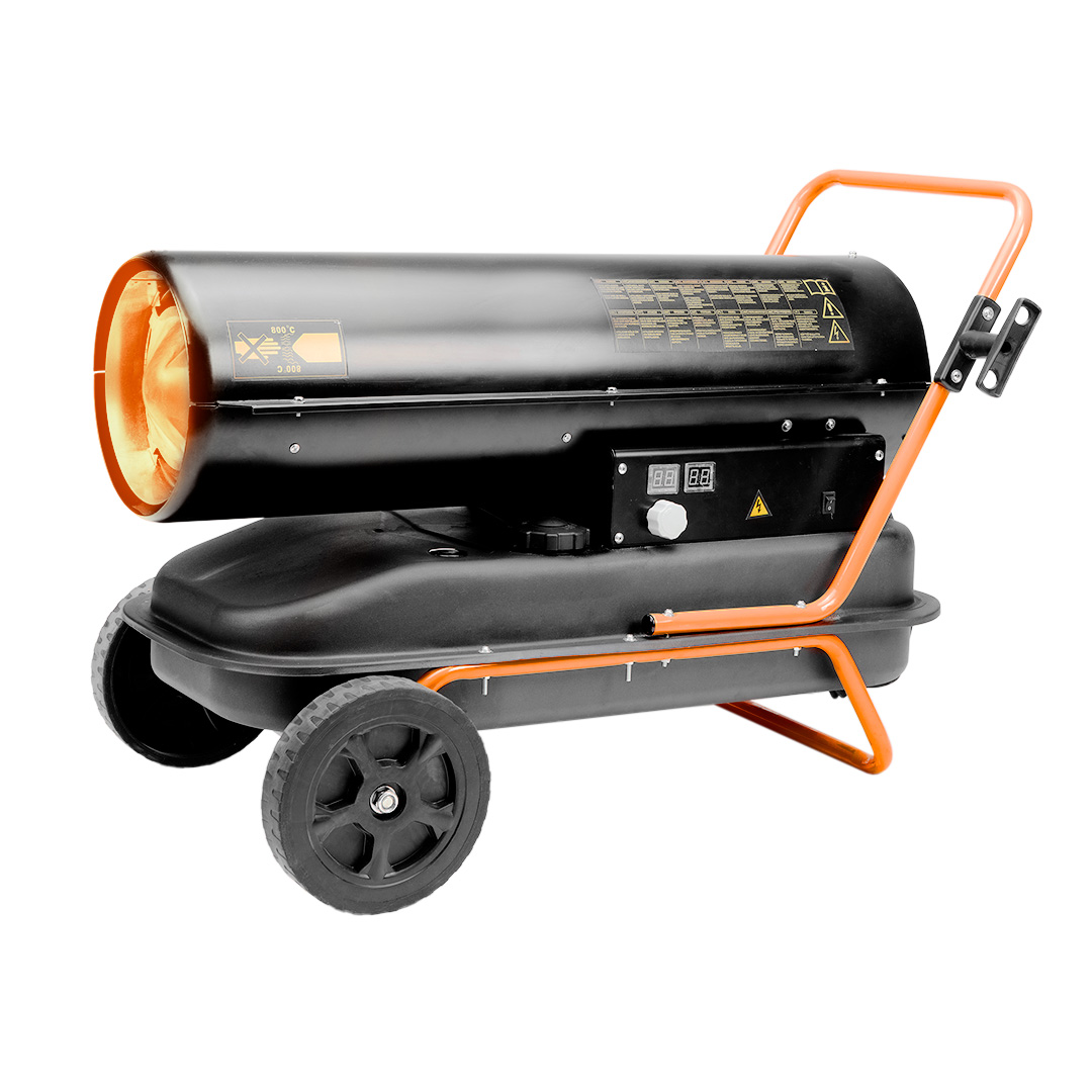 TOP-90-081--Nagrzewnica olejowa 30kW, zbiornik 34l, zużycie paliwa 2,8l/h, przepływ powietrza 750 m3/h, kółka