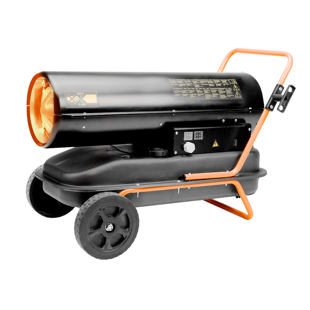 TOP-90-082--Nagrzewnica olejowa 50kW, zbiornik 50l, zużycie paliwa 4,7l/h, przepływ powietrza 1100 m3/h, kółka
