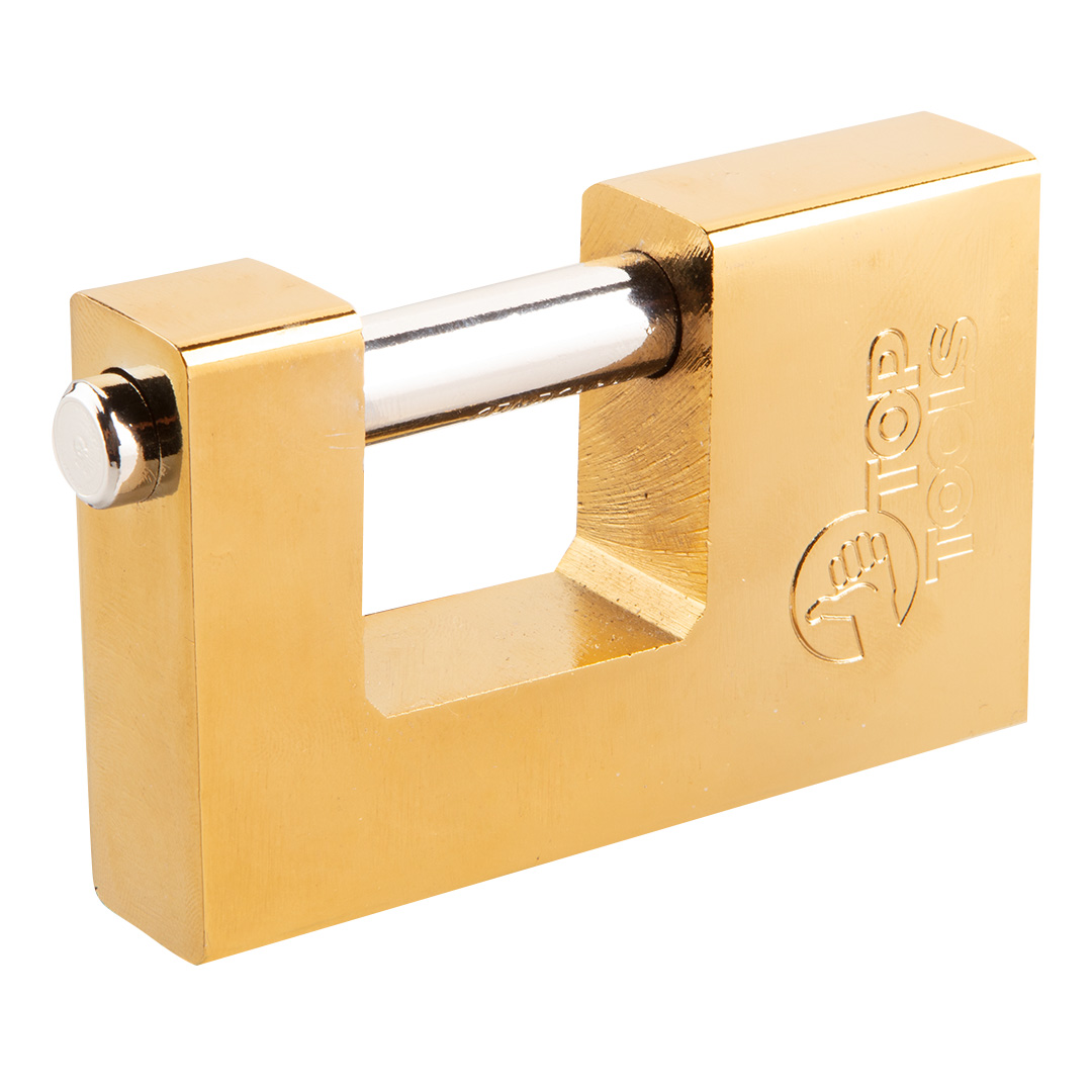TOP-90U263--Kłódka trzpieniowa 90 mm, 2 klucze, żeliwna, mosiężny zamek, miedziana powłoka, (LxWxH) 90 x 50 x 20 mm, średnica jarzma 12 mm