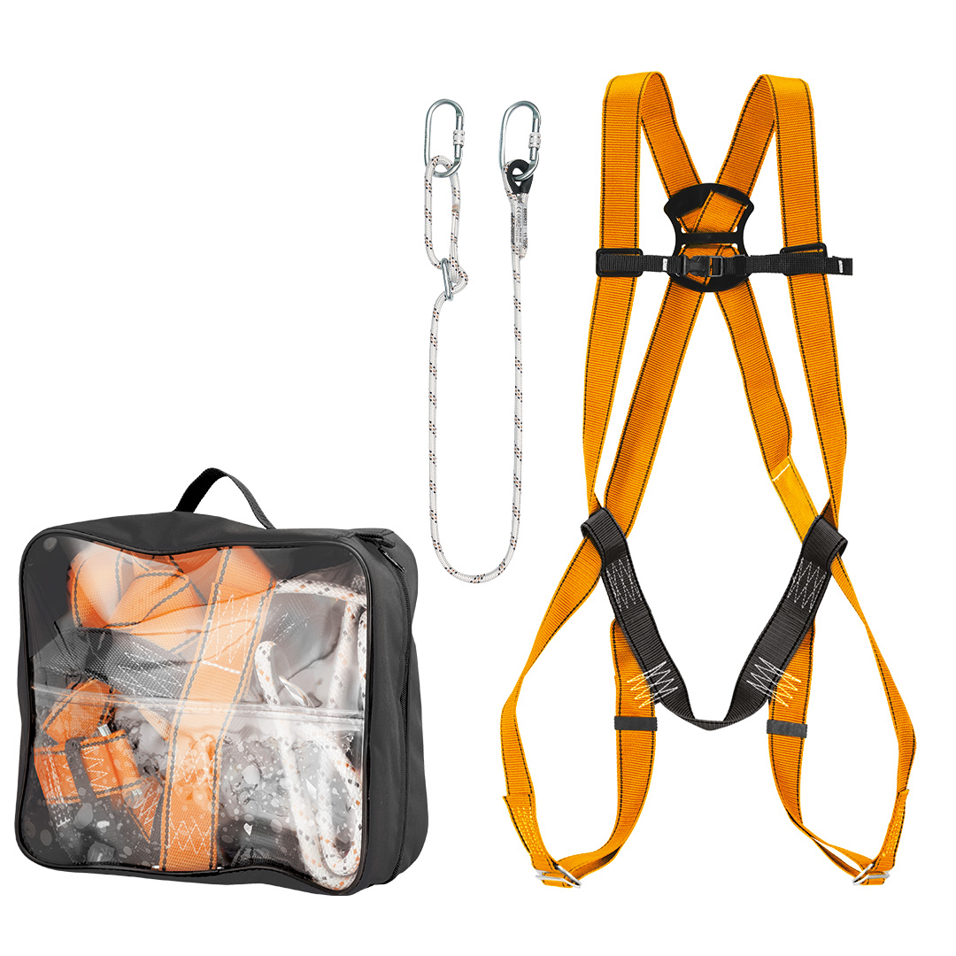 TOP-97-100--Zestaw asekuracyjny z linką bezpieczeństwa w skład zestawy w wchodzą : szelki bezpieczeństwa, waga 650 g, rozmiar M-XL, taśmy poliestrowe 45mm, klamry zaczepowe i spinająco-regulacyjne ze stali ocynkowej; linka bezpieczeństwa  regulowana o długości 2