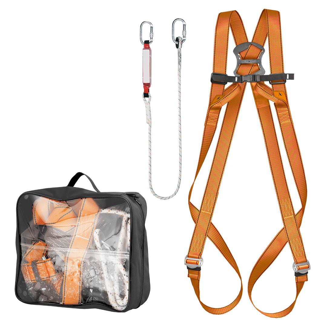 TOP-97-101--Zestaw asekuracyjny z amortyzatorem w skład zestawy w wchodzą : szelki bezpieczeństwa, waga 690 g, rozmiar M-XL, taśmy poliestrowe 45mm, klamry zaczepowe i spinająco-regulacyjne ze stali ocynkowej; amortyzator bezpieczeństwa z linką o długości 2 m; d