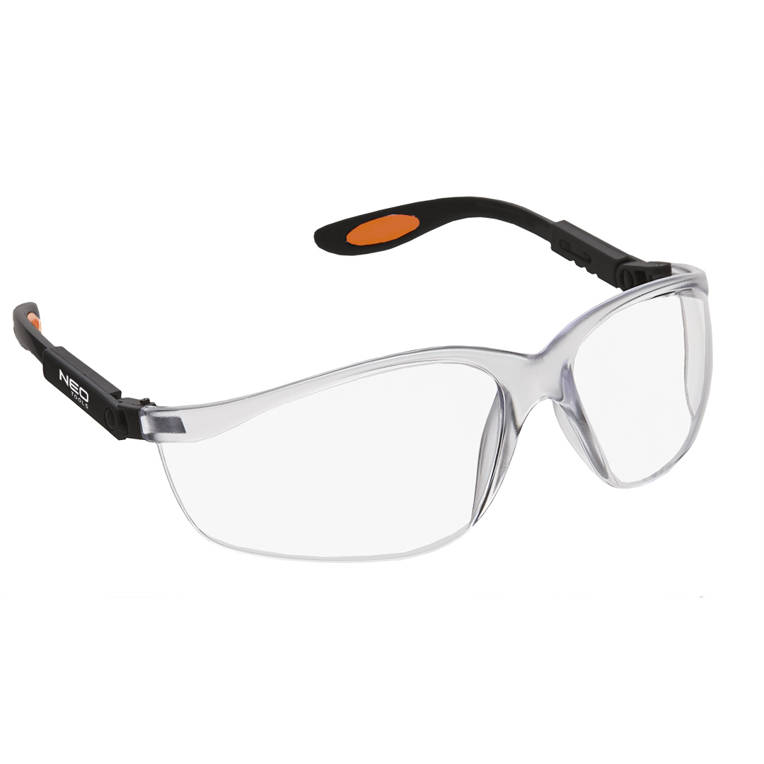 TOP-97-500--Okulary ochronne poliwęglanowe, białe soczewki, nylonowe ramiona, regulacja długości i kąta zauszników, gumowe zakończenie, odporne na zarysowania, CE