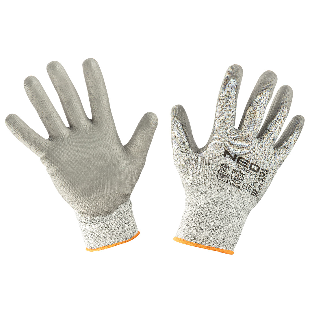 TOP-97-609-9--Rękawice antyprzecięciowe pokryte PU, 4X43D, rozmiar 9, materiał główny: antyprzecięciowa dzianina poliestrowa, pokrycie: PU , odporność na ścieranie (od 0 do 4) 4, odporność na przecięcie ostrym przedmiotem X (nie ma zastosowania), odporność na rozd