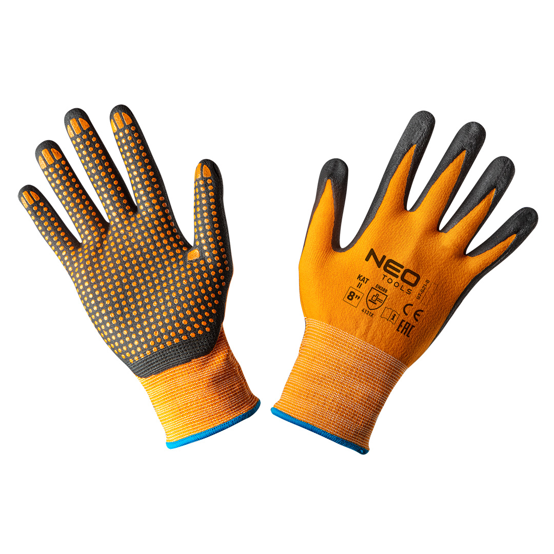 TOP-97-621-8--Rękawice robocze, nylonowe, pokryte kropkami z nitylu, 4131X, rozmiar 8, materiał główny: nylon, pokrycie: nitryl i kropki nitrylowe, odporność na ścieranie (od 0 do 4) 4, odporność na przecięcie ostrym przedmiotem (od 0 do 5) 1, odporność na rozdzie