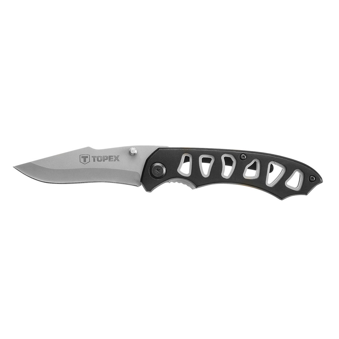 TOP-98Z107--Nóż uniwersalny z blokadą, ostrze ze stali nierdzewnej 420, długość ostrza 8 cm, korpus z anodowanego aluminium, klips zaczepowy, waga 70 g, długość po zamknięciu 113, nylonowy futerał