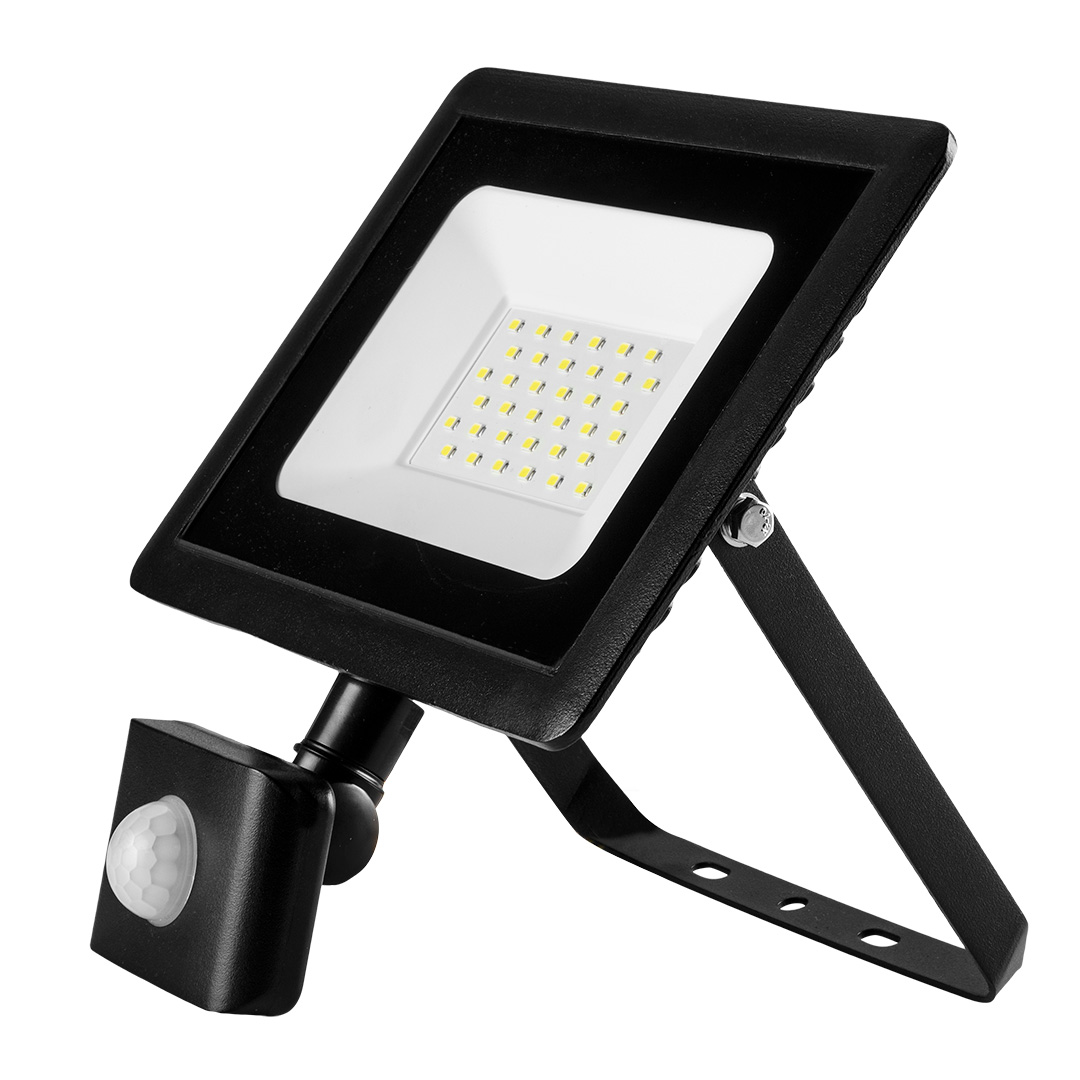 TOP-99-049--Reflektor z czujnikiem ruchu NEO moc 30W, 2400 lumenów, 230V 50Hz, SMD LED, czas pracy 30 000h, 6500K, aluminiowy korpus, IP65, CRI Ra  70, kąt świecenia 100 stopni, ON/OFF  15 000 cykli, przewód 15 cm, temperatura pracy -20  +40, współczynnik mocy &