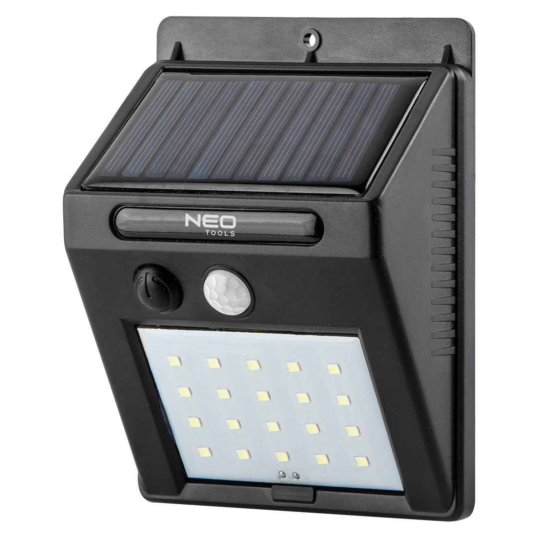 TOP-99-055--Lampa solarna ścienna NEO lumeny 250, LED SMD, akumulator w zestawie 1250mah 3.7 Li-ion (w zestawie), zasilanie promieniami słonecznymi, czujnik ruchu PiR, kąt przechwytywania ruchu 120 stopni, zasięg 10m, wbudowany czujnik zmierzchu, 7000 K, IP44,  